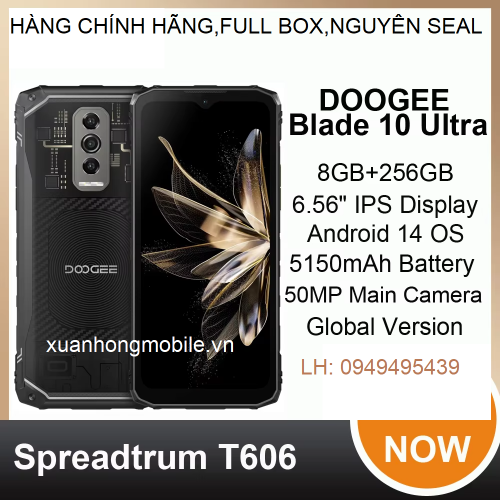 DOOGEE Blade 10 Ultra(chống nước,chống va đập,RAM 20Gb(8GB+12),Rom 256GB, Vân tay,Màn hình 6.56 inch,Android 14,CPU Spreadtrum T606 Octa Core, Mạng: 4G, OTG, NFC)