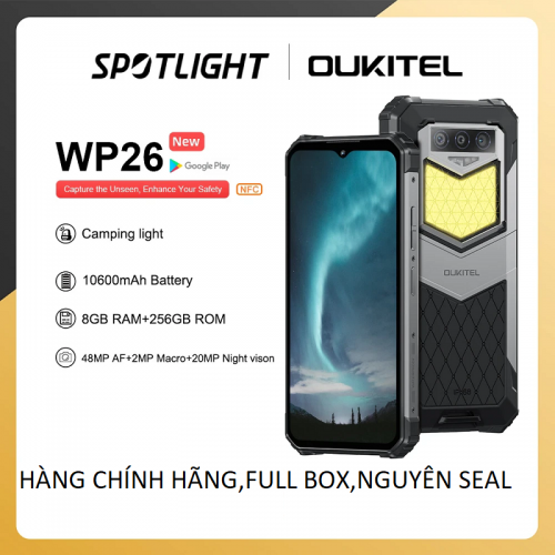 Điện thoại chắc chắn Oukitel WP26 (chống nước,chống sốc,pin 10600mAh, Ram 8GB,Rom 256GB,Camera  48MP, Máy ảnh ban đêm 20MP, MTK P90, đèn siêu sang)