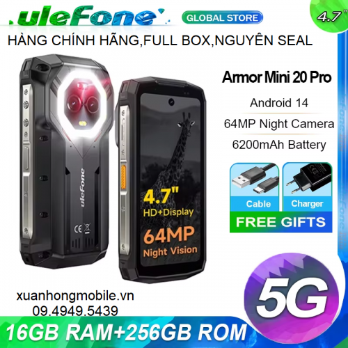 Ulefone Armor Mini 20 Pro ĐT siêu bền(chống nước,chống sốc,Ram 8GB,Rom 256GB, Điện thoại bền bỉ IP68/IP69K, Android 14 MediaTek Dimensity 6300 5G Octa Core 4,7 inch, Mạng: 5G, NFC, OTG)