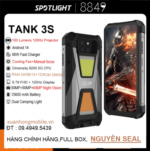 Điện thoại Máy chiếu 8849 Tank 3s(Màn hình 6,79 inch, Ram 24Gb(12 + 12GB),Rom 256gb,camera 50MP,Pin 15600mAh,sạc nhanh 120W,Android 14, Dual Sim, Máy chiếu DLP 100 Lumens,chống nước,chống va đập)